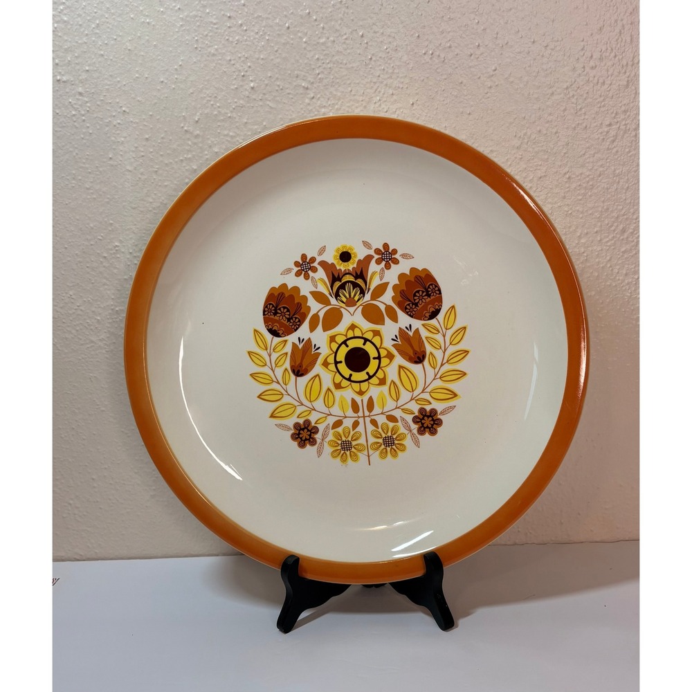 Vintage Serving Platter Unisex 12.25in Orange Yellow Good Retro Floral Stoneware